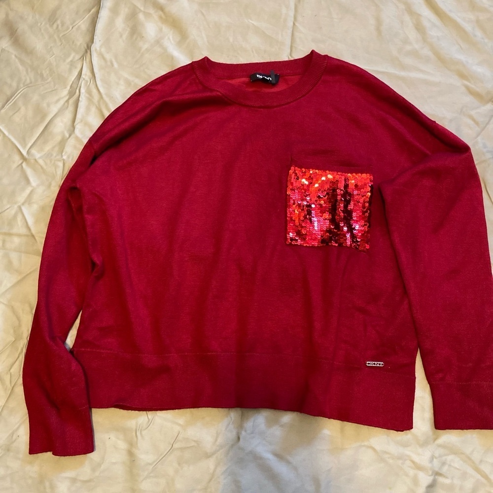 DKNY Vibrant Red Sweater with Sequin Accent - Size M - Picture 3 of 12